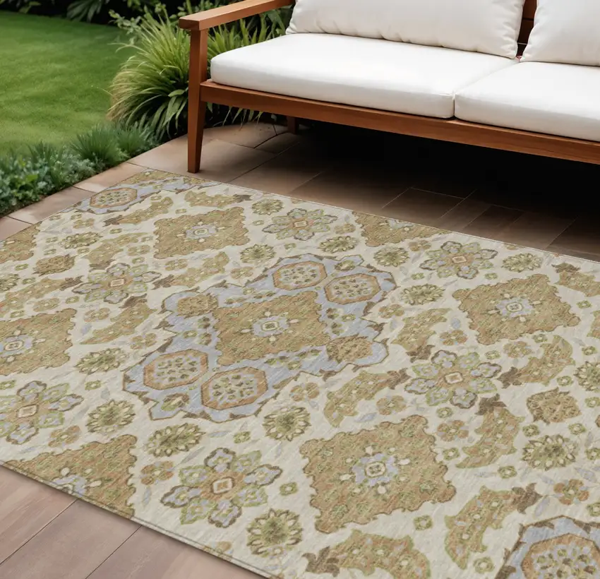 Beige Artichoke Green And Ivory Medallion Washable Indoor Outdoor Area Rug Photo 2