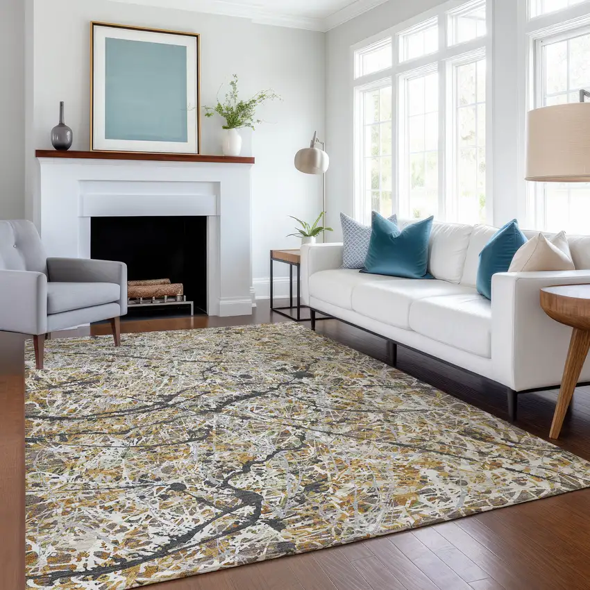 Beige Black And Ivory Abstract Washable Indoor Outdoor Area Rug Photo 4