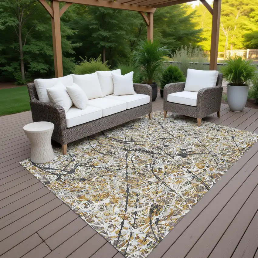 Beige Black And Ivory Abstract Washable Indoor Outdoor Area Rug Photo 5