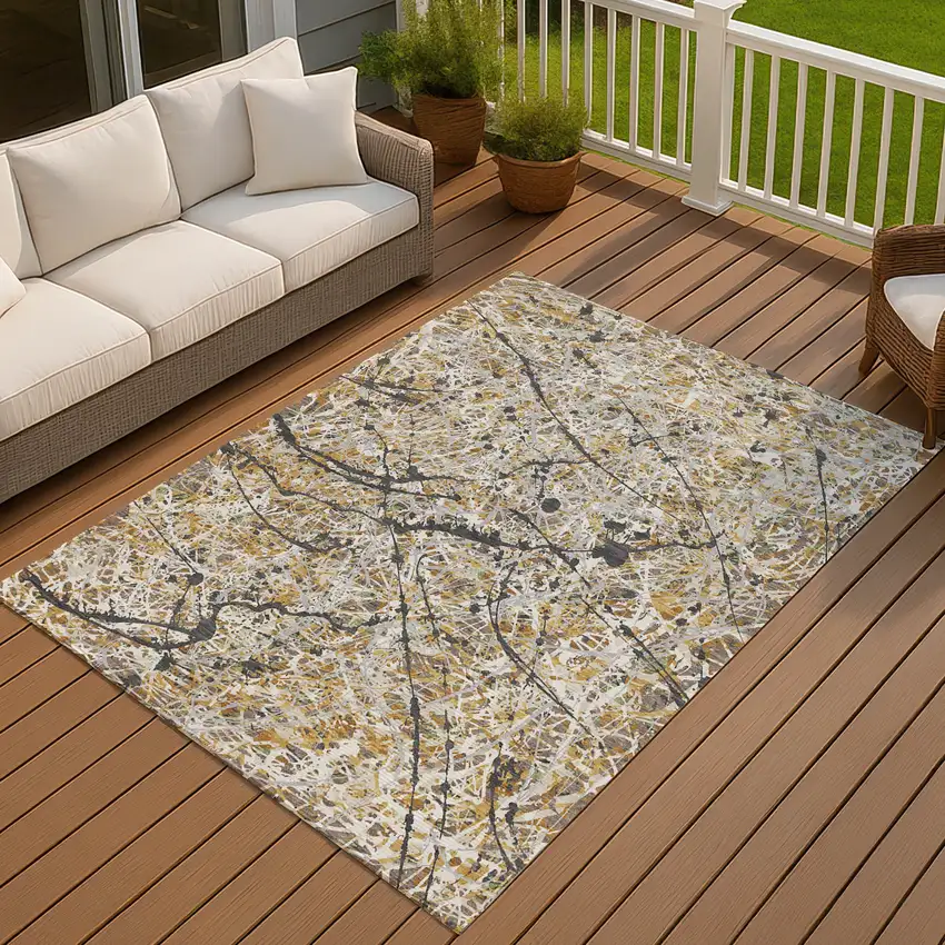 Beige Black And Ivory Abstract Washable Indoor Outdoor Area Rug Photo 3