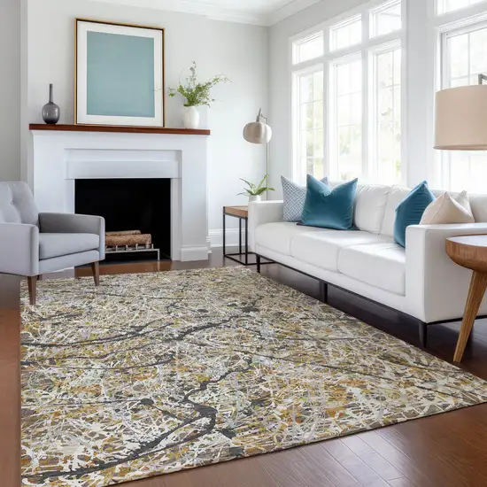 Beige Black And Ivory Abstract Washable Indoor Outdoor Area Rug Photo 4