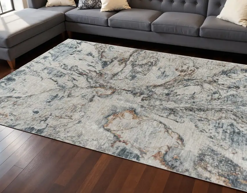 Beige Blue Abstract Power Loom Area Rug Photo 1