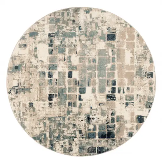 Beige Blue Abstract Tiles Distressed Area Rug Photo 3