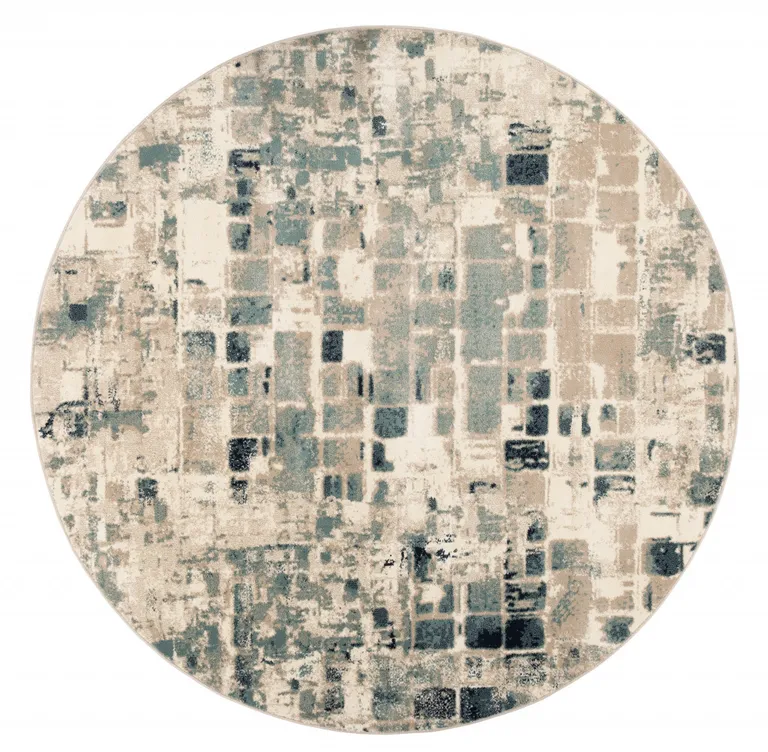 Beige Blue Abstract Tiles Distressed Area Rug Photo 4