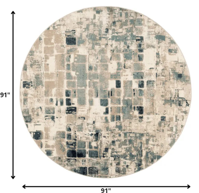 Beige Blue Abstract Tiles Distressed Area Rug Photo 2