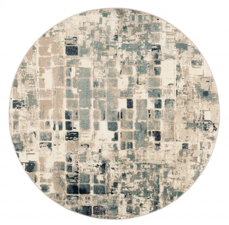 Beige Blue Abstract Tiles Distressed Area Rug Photo 1