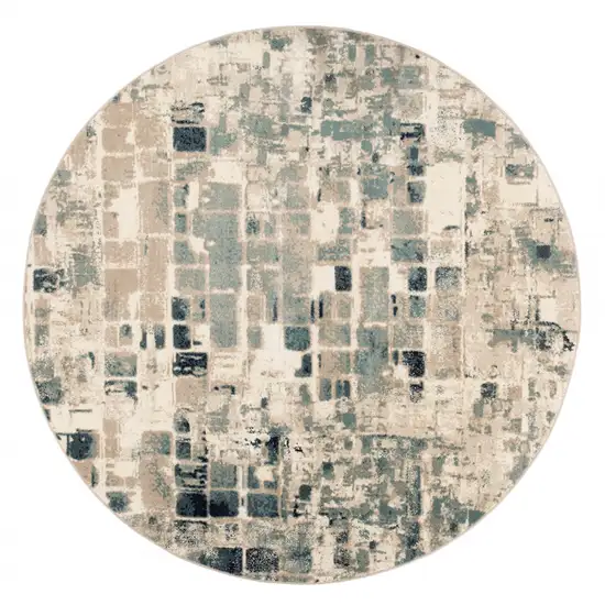 Beige Blue Abstract Tiles Distressed Area Rug Photo 1