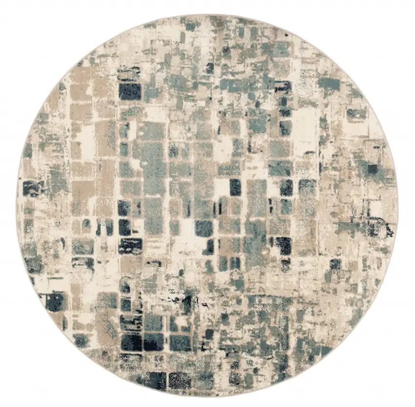 Beige Blue Abstract Tiles Distressed Area Rug Photo 1