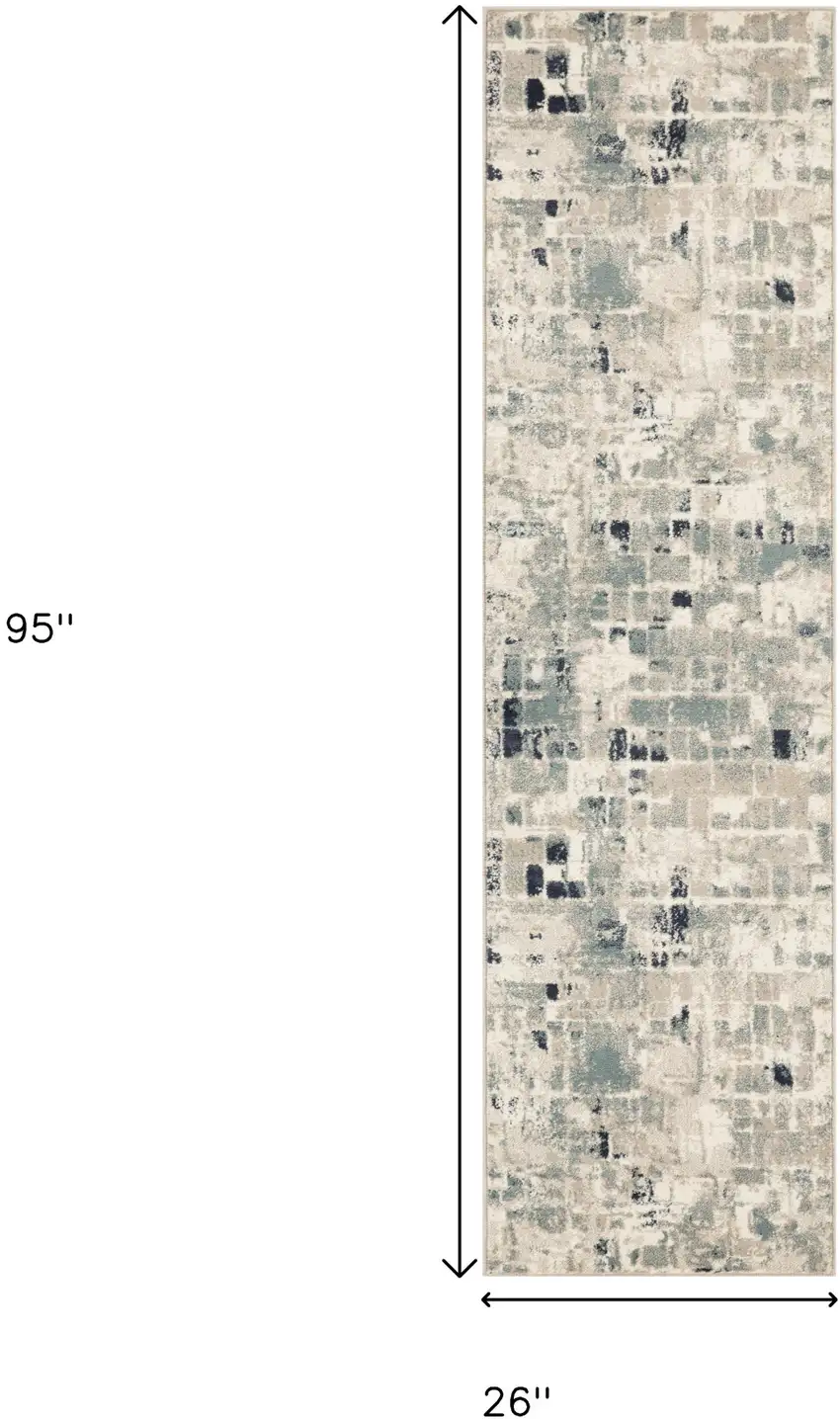 8' Blue And Beige Abstract Runner Rug Photo 9