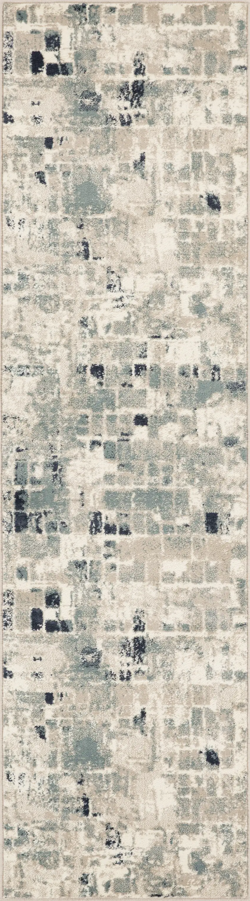 Beige Blue Abstract Tiles Distressed Runner Rug Photo 4