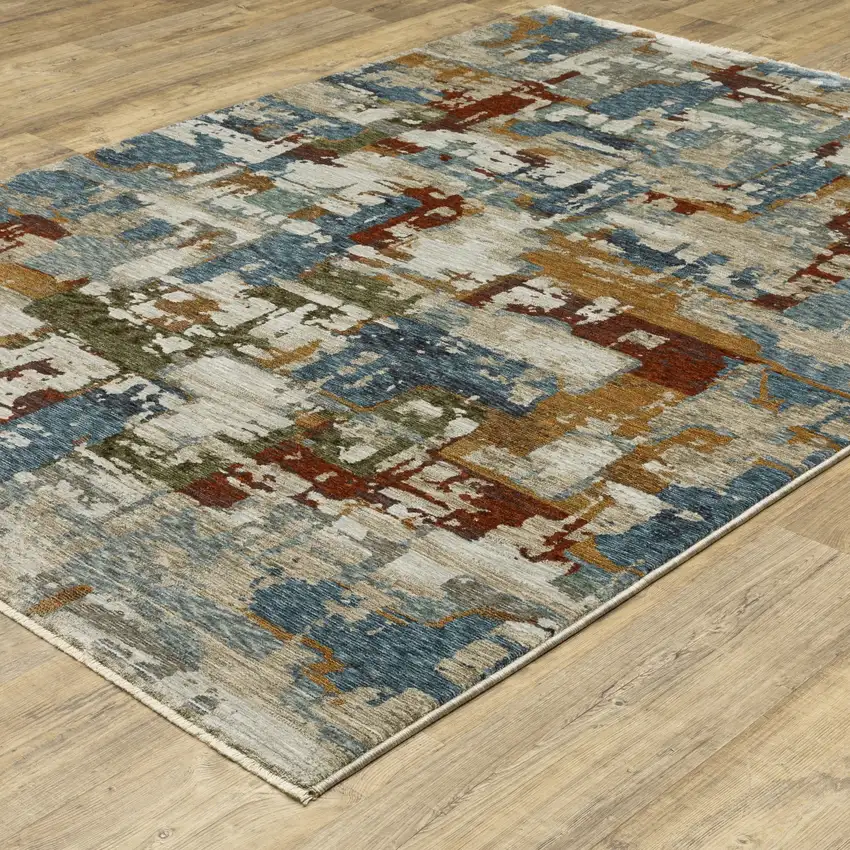 Beige Blue And Brown Abstract Area Rug With Fringe Photo 2