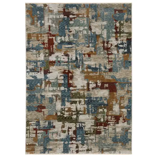 Beige Blue And Brown Abstract Area Rug With Fringe Photo 5