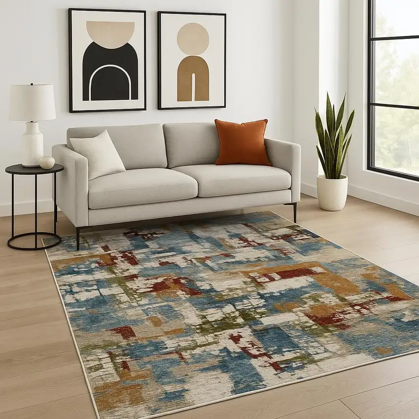 Beige Blue And Brown Abstract Area Rug With Fringe Photo 1