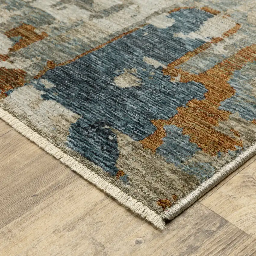 Beige Blue And Brown Abstract Area Rug With Fringe Photo 6