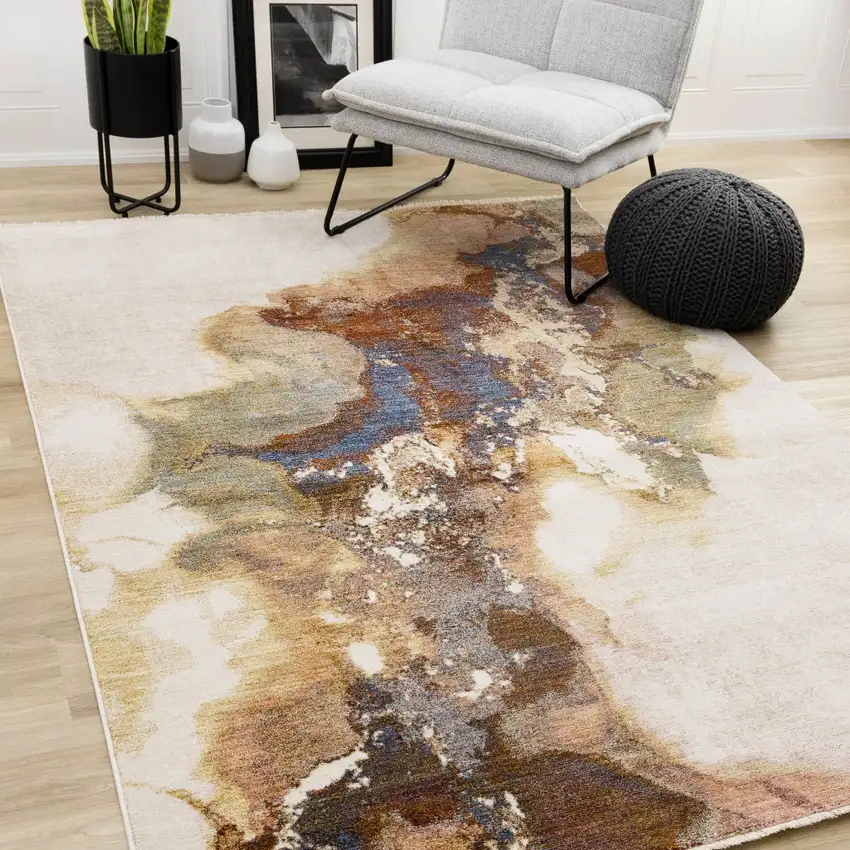 Beige Blue And Brown Abstract Area Rug Photo 6
