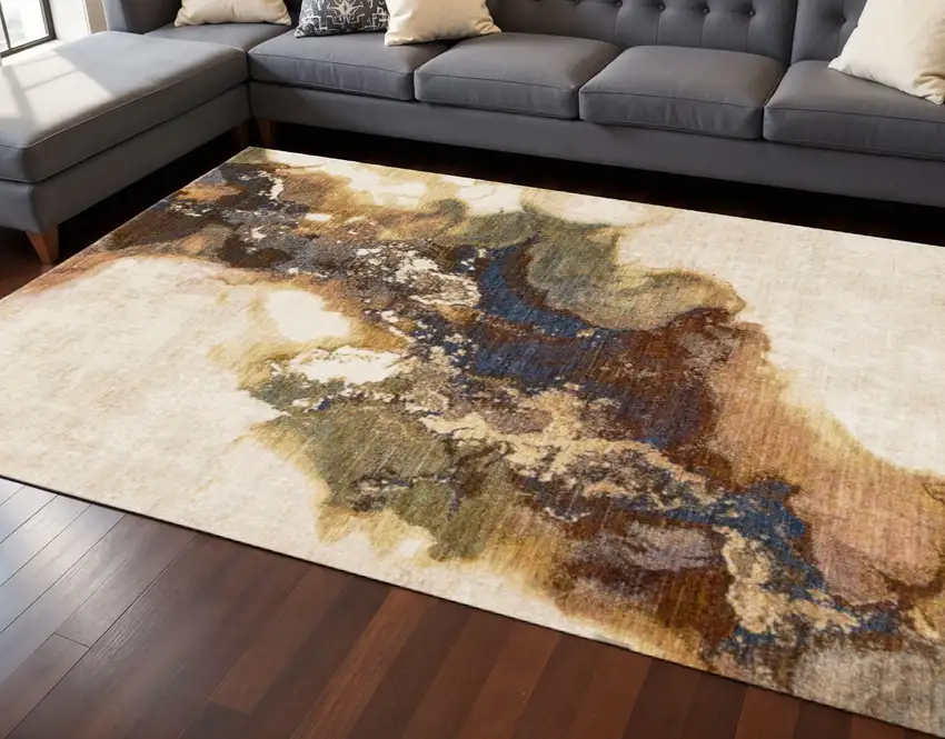 Beige Blue And Brown Abstract Area Rug Photo 1
