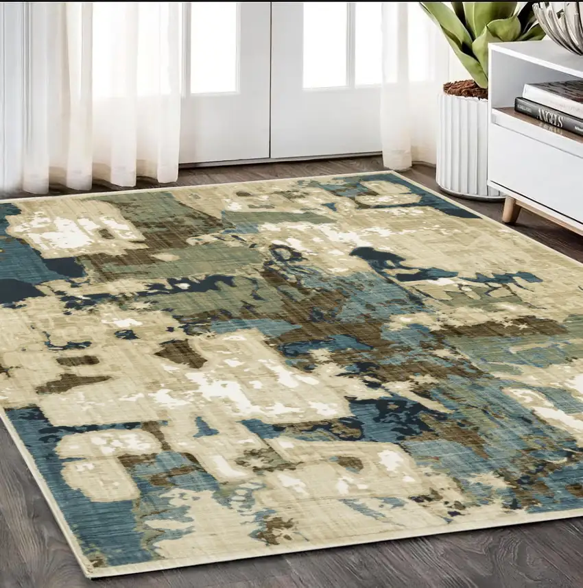 Beige Blue And Brown Abstract Area Rug Photo 1