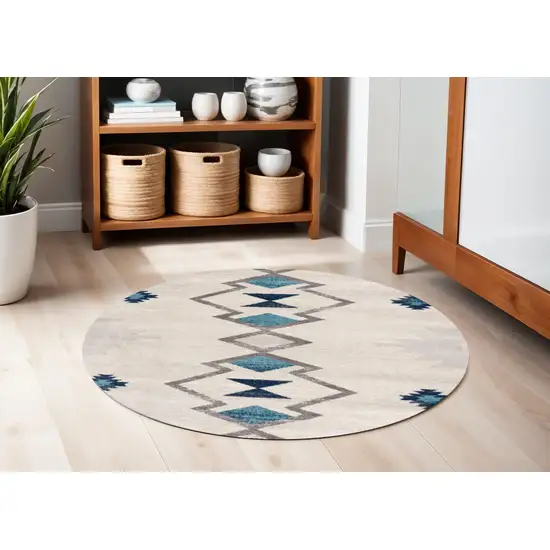 Beige Blue And Brown Abstract Round Rug Photo 1