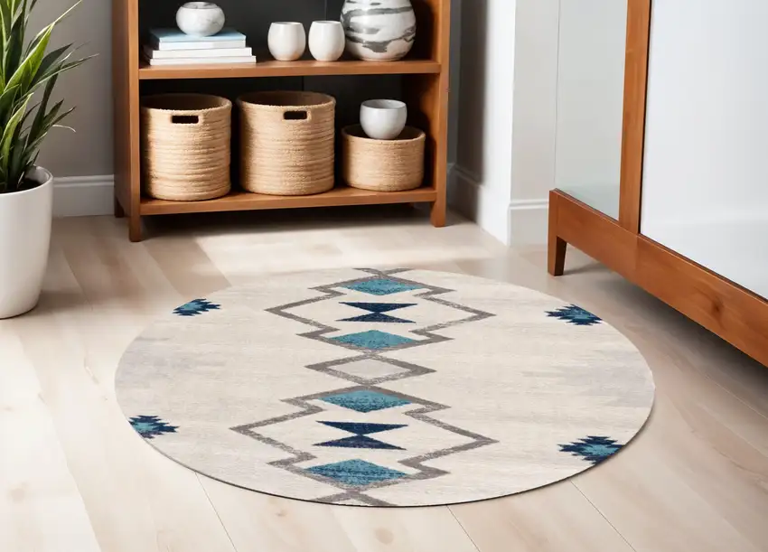 Beige Blue And Brown Abstract Round Rug Photo 1