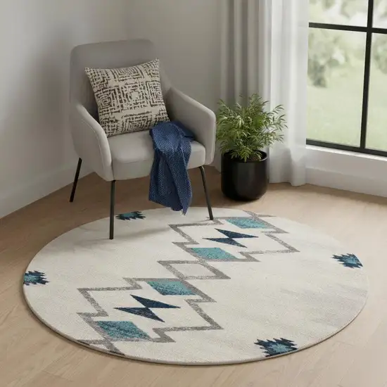 Beige Blue And Brown Abstract Round Rug Photo 1