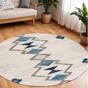 Photo of Beige Blue And Brown Abstract Round Rug