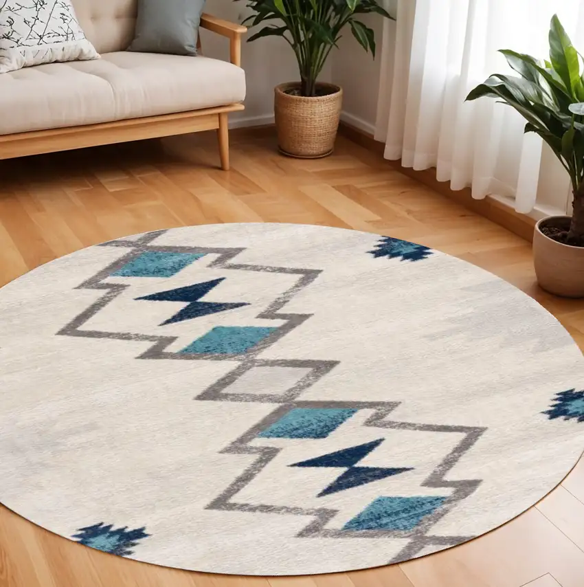 Beige Blue And Brown Abstract Round Rug Photo 1