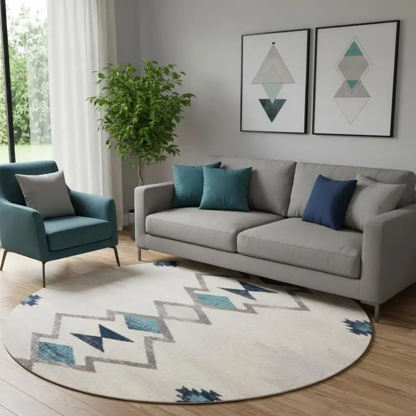 8' X 8' Beige Blue And Brown Abstract Round Rug Photo 1