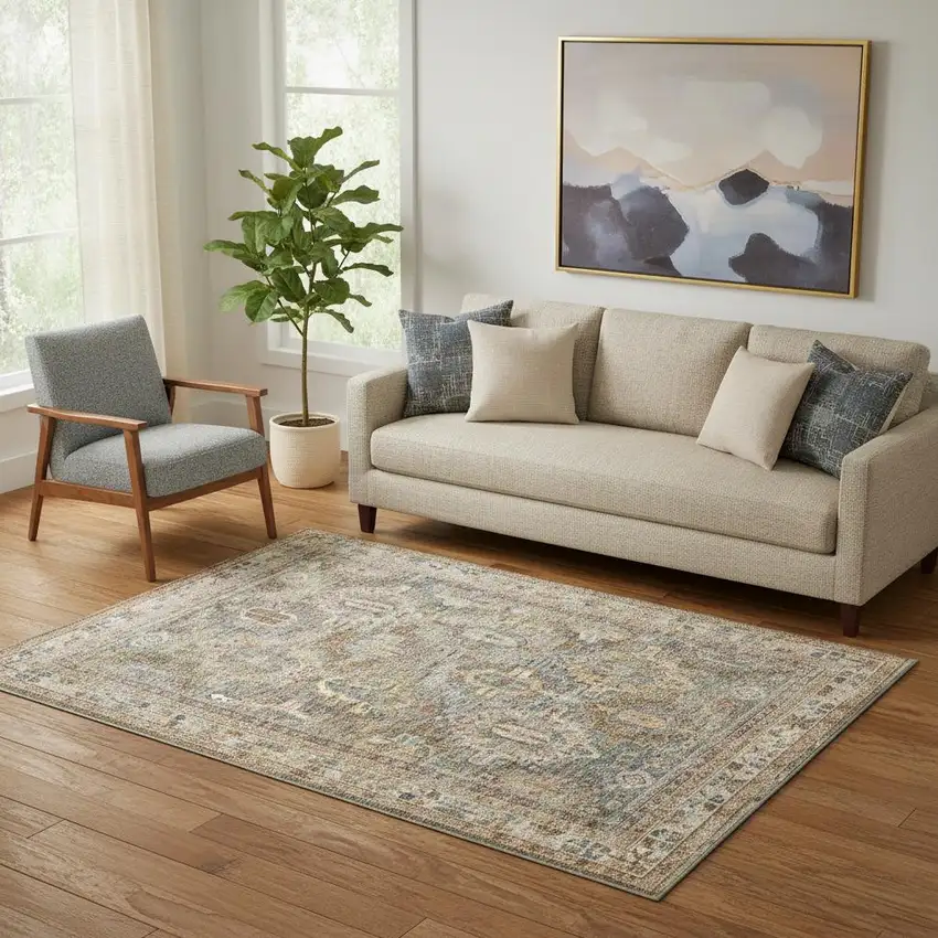 Beige Blue And Brown Geometric Distressed Area Rug Photo 1