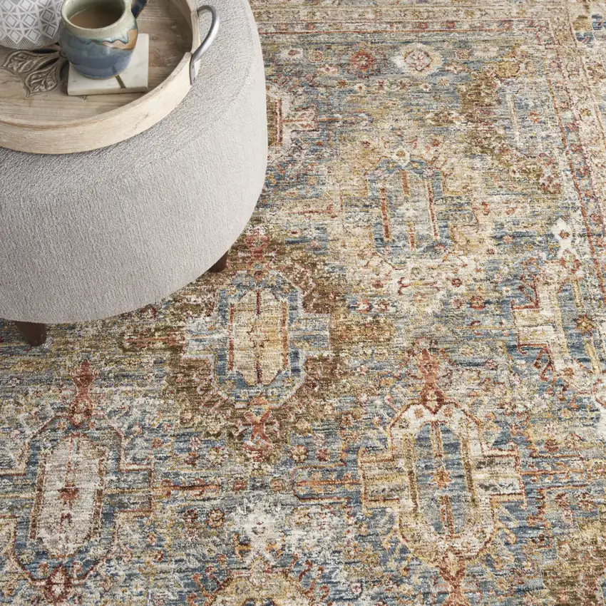 Beige Blue And Brown Geometric Distressed Area Rug Photo 9