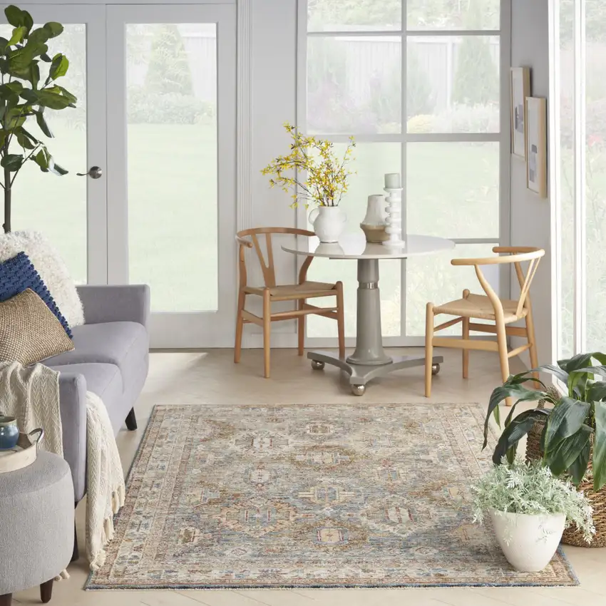 Beige Blue And Brown Geometric Distressed Area Rug Photo 5