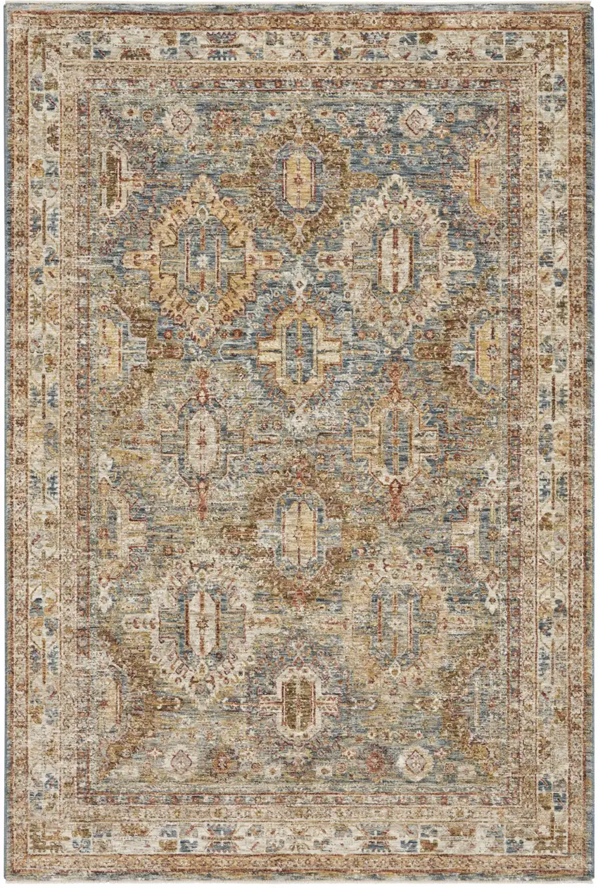Beige Blue And Brown Geometric Distressed Area Rug Photo 2