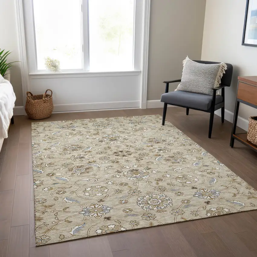 Beige Blue And Brown Moroccan Washable Indoor Outdoor Area Rug Photo 9
