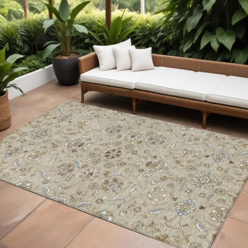 Beige Blue And Brown Moroccan Washable Indoor Outdoor Area Rug Photo 1