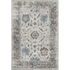 Photo of Beige Blue And Brown Oriental Washable Area Rug With UV Protection