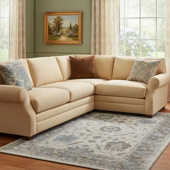 Beige Blue And Brown Oriental Washable Area Rug With UV Protection Photo 2