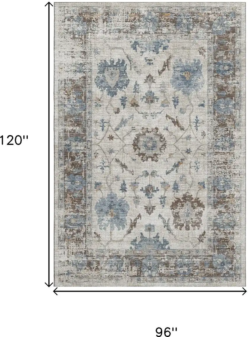 Beige Blue And Brown Oriental Washable Area Rug With UV Protection Photo 9