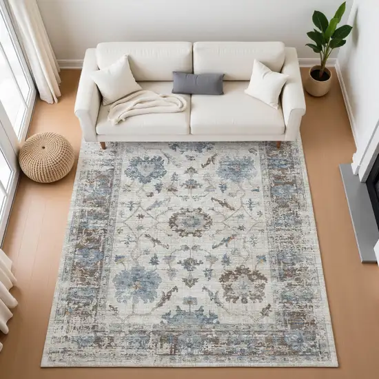 Beige Blue And Brown Oriental Washable Area Rug With UV Protection Photo 5