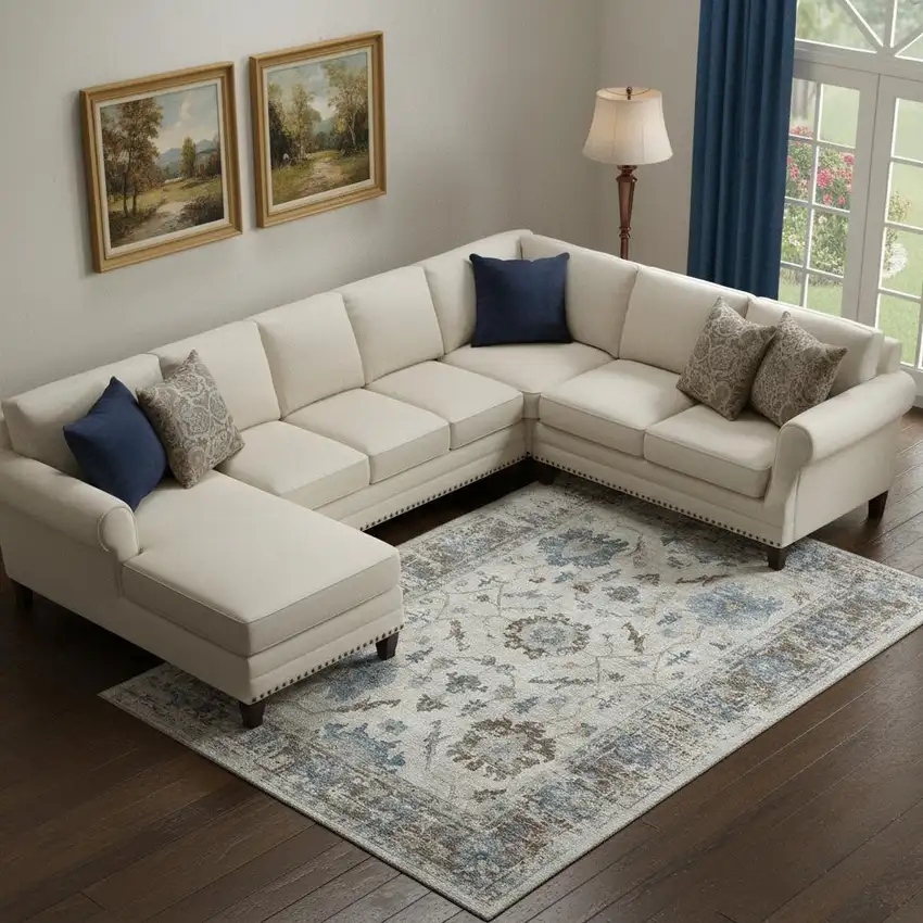 Beige Blue And Brown Oriental Washable Area Rug With UV Protection Photo 2