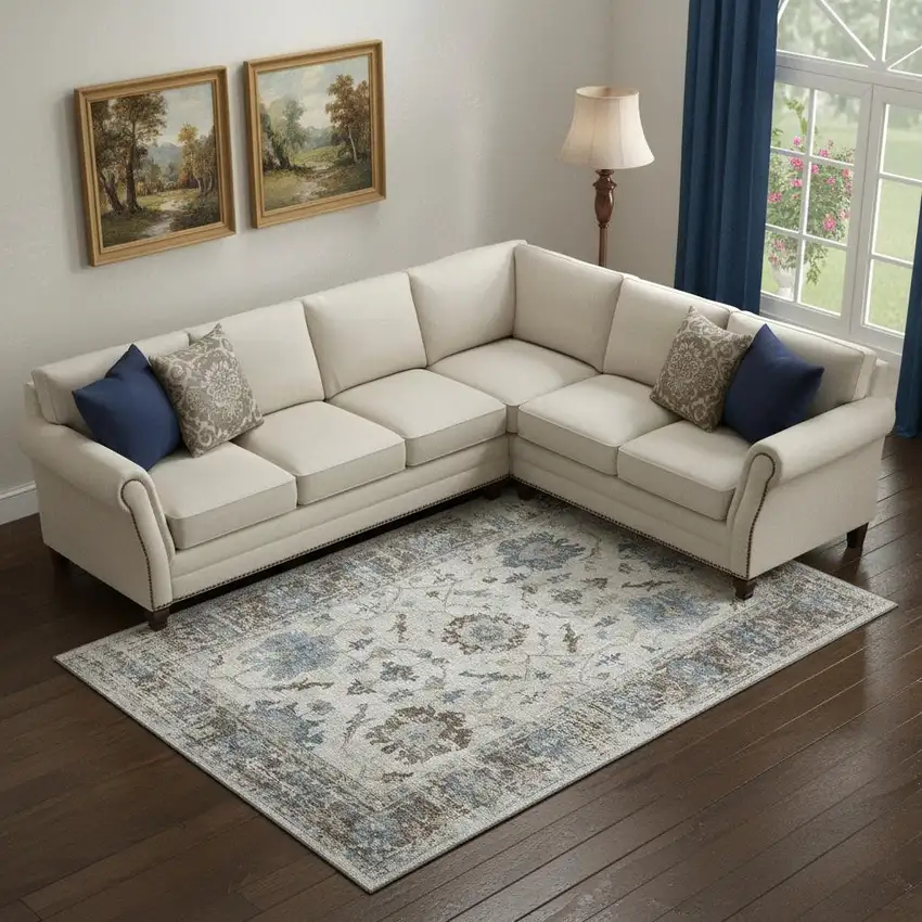 Beige Blue And Brown Oriental Washable Area Rug With UV Protection Photo 2