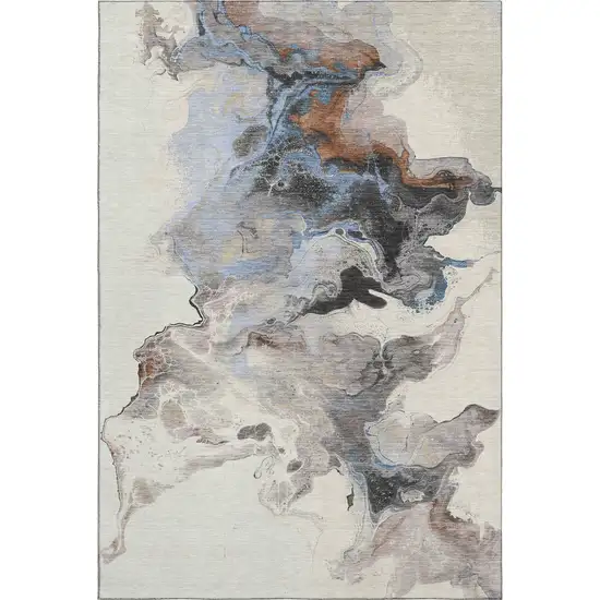 Beige Blue And Copper Abstract Washable Area Rug With UV Protection Photo 6