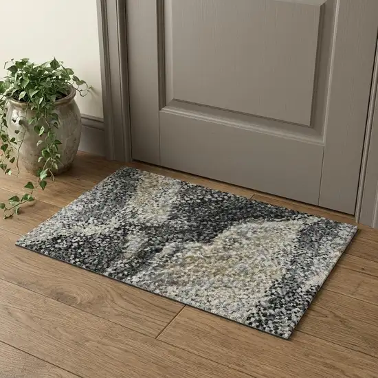 Beige Blue And Copper Abstract Washable Area Rug With UV Protection Photo 1