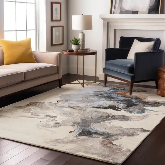 Beige Blue And Copper Abstract Washable Area Rug With UV Protection Photo 4