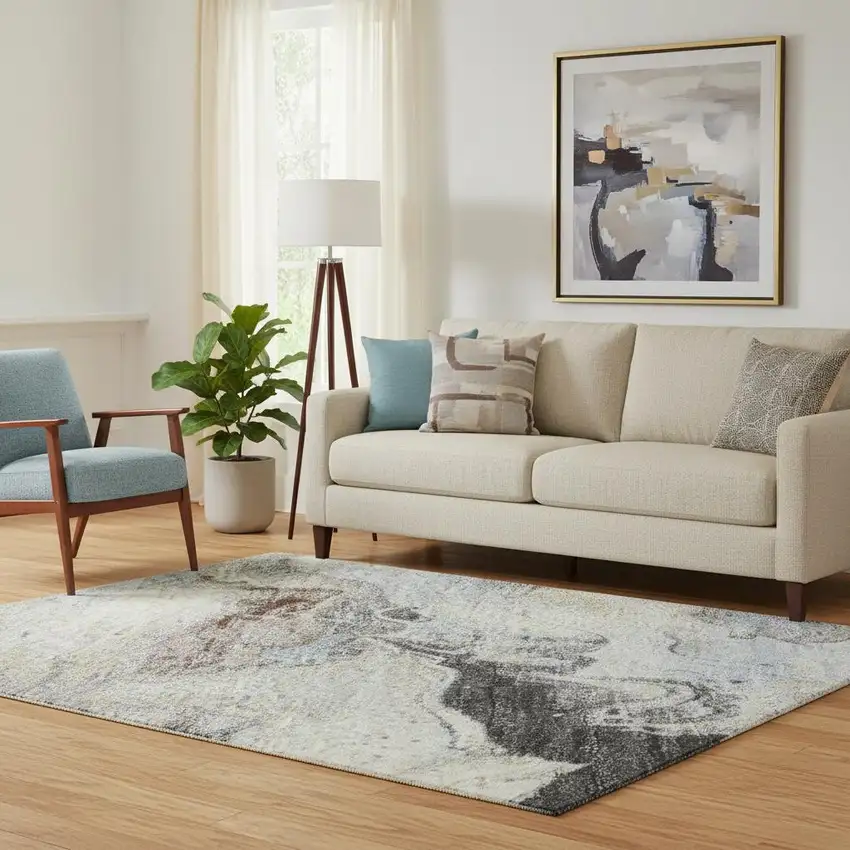 Beige Blue And Copper Abstract Washable Area Rug With UV Protection Photo 2