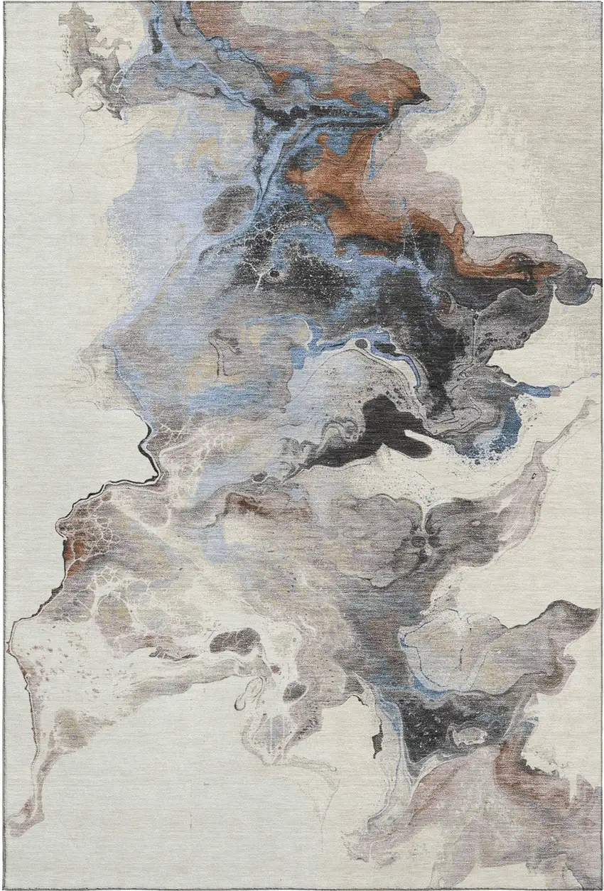 Beige Blue And Copper Abstract Washable Area Rug With UV Protection Photo 5