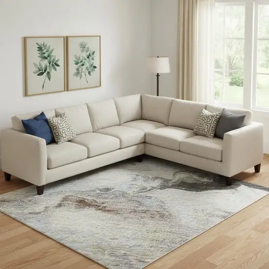 Beige Blue And Copper Abstract Washable Area Rug With UV Protection Photo 2