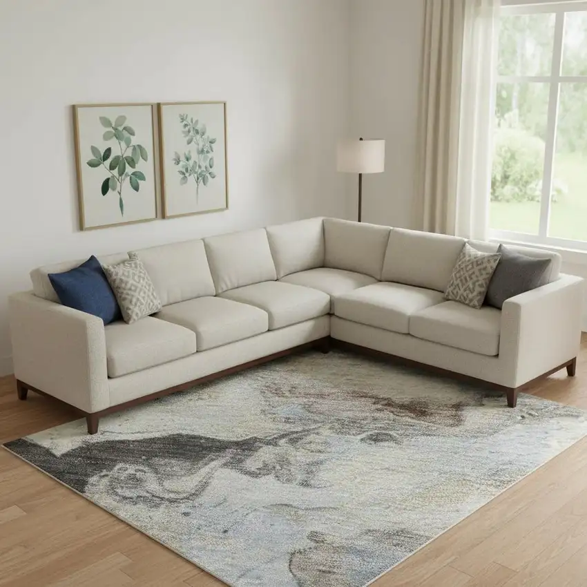 Beige Blue And Copper Abstract Washable Area Rug With UV Protection Photo 2