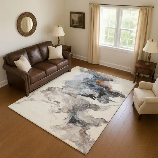Beige Blue And Copper Abstract Washable Area Rug With UV Protection Photo 3