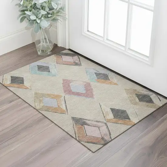 Beige Blue And Copper Geometric Washable Area Rug With UV Protection Photo 2