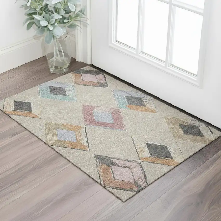 Beige Blue And Copper Geometric Washable Area Rug With UV Protection Photo 2