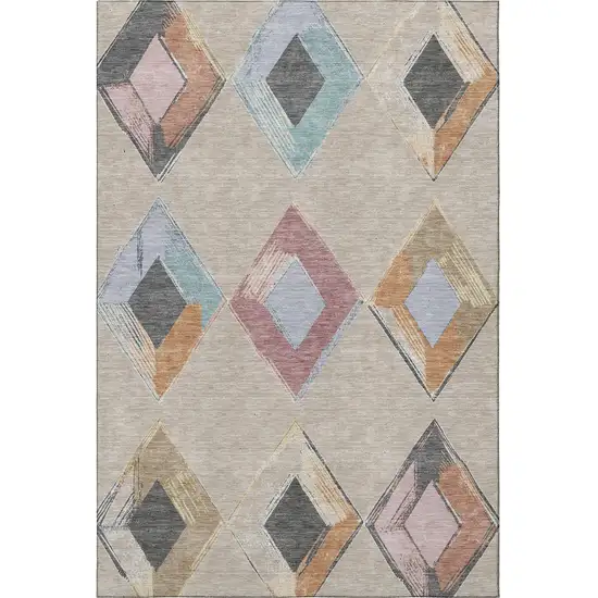 Beige Blue And Copper Geometric Washable Area Rug With UV Protection Photo 4